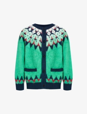 Shop Sacai Mens Green Jacquard-knit Relaxed-fit Cotton-blend Cardigan