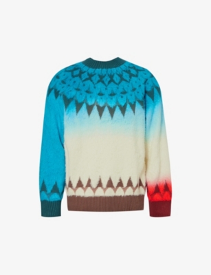 Shop Sacai Mens Blue Jacquard-knit Relaxed-fit Cotton-blend Jumper