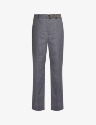 Sacai Mens Grey Chalk Stripe Buckle-belt Relaxed-fit Wide-leg Woven Trousers