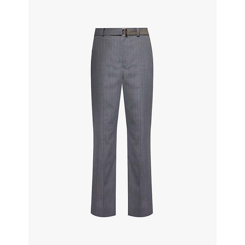 Sacai Mens Grey Chalk Stripe Buckle-belt Relaxed-fit Wide-leg Woven Trousers