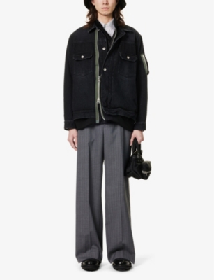 Shop Sacai Men's Black Contrast-panel Relaxed-fit Denim Jacket