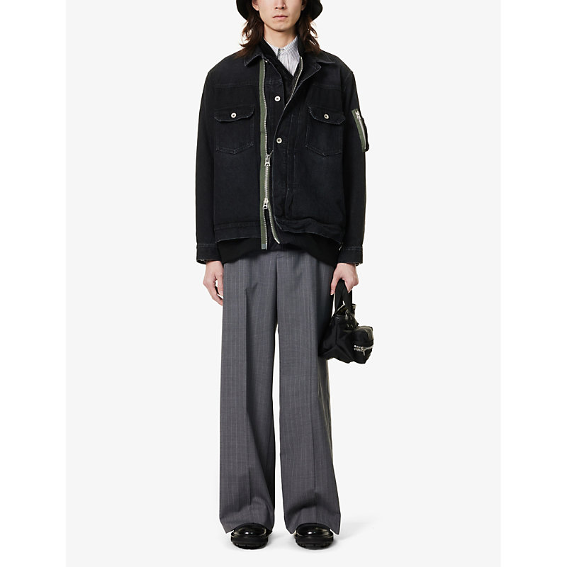 Shop Sacai Men's Black Contrast-panel Relaxed-fit Denim Jacket