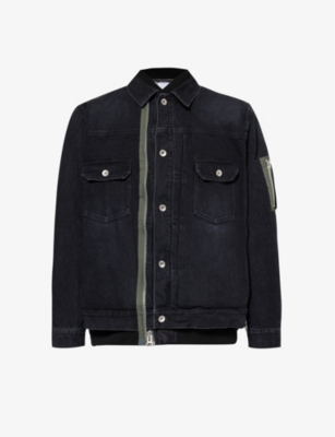 Sacai Mens Black Contrast-panel Relaxed-fit Denim Jacket