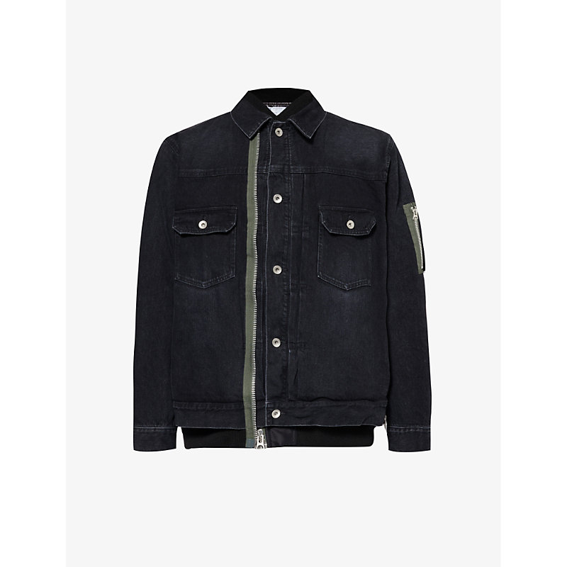 Sacai Mens Black Contrast-panel Relaxed-fit Denim Jacket