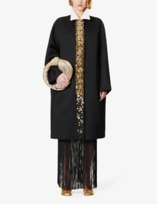 Dries Van Noten Womens Black Bead-embellished Collared Wool-blend Coat