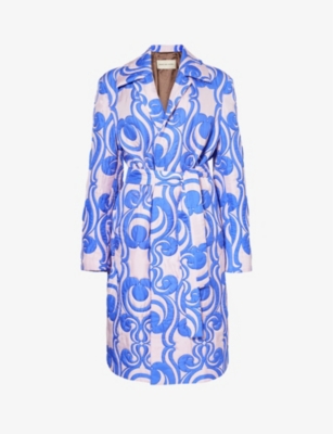 Dries Van Noten Womens Blue Abstract-pattern Quilted Silk-blend Coat