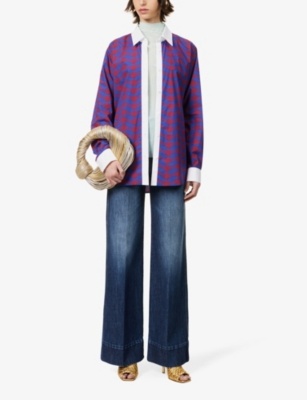 Shop Dries Van Noten Womens Blue Abstract-pattern Contrast-trim Cotton-poplin Shirt