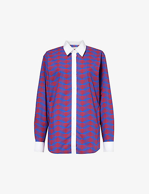 DRIES VAN NOTEN: Abstract-pattern contrast-trim cotton-poplin shirt