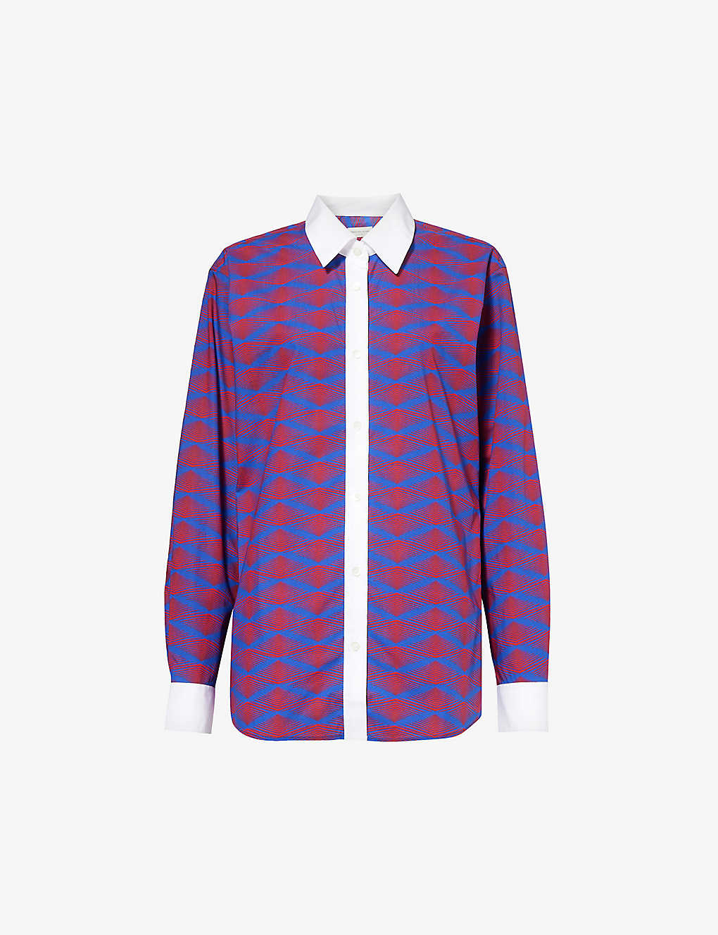 Dries Van Noten Womens Blue Abstract-pattern Contrast-trim Cotton-poplin Shirt