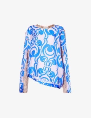 Dries Van Noten Womens Blue Abstract-pattern Relaxed-fit Silk Top