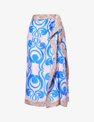 Shop Dries Van Noten Abstract-pattern High-rise Silk Midi Skirt In Blue