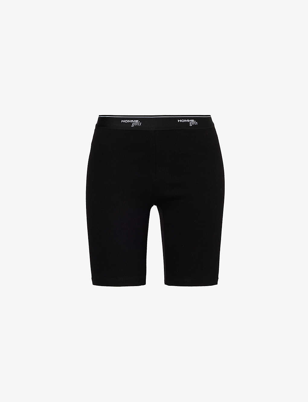 Shop Hommegirls Women's Black Branded-waistband High-rise Stretch-cotton Shorts