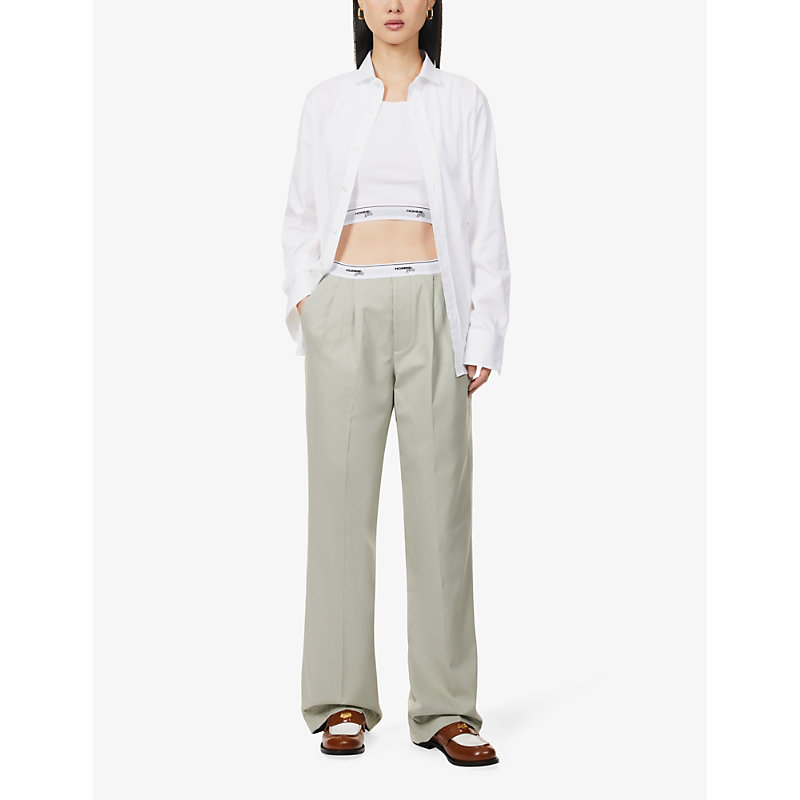Shop Hommegirls Women's Grey Branded-waistband Wide-leg High-rise Cotton Trousers