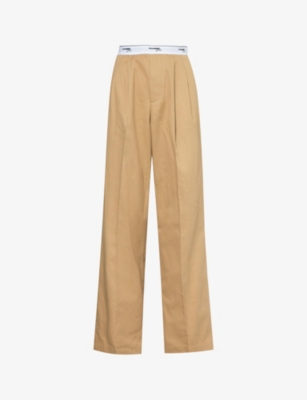 Shop Hommegirls Women's Khaki Branded-waistband Wide-leg High-rise Cotton Trousers