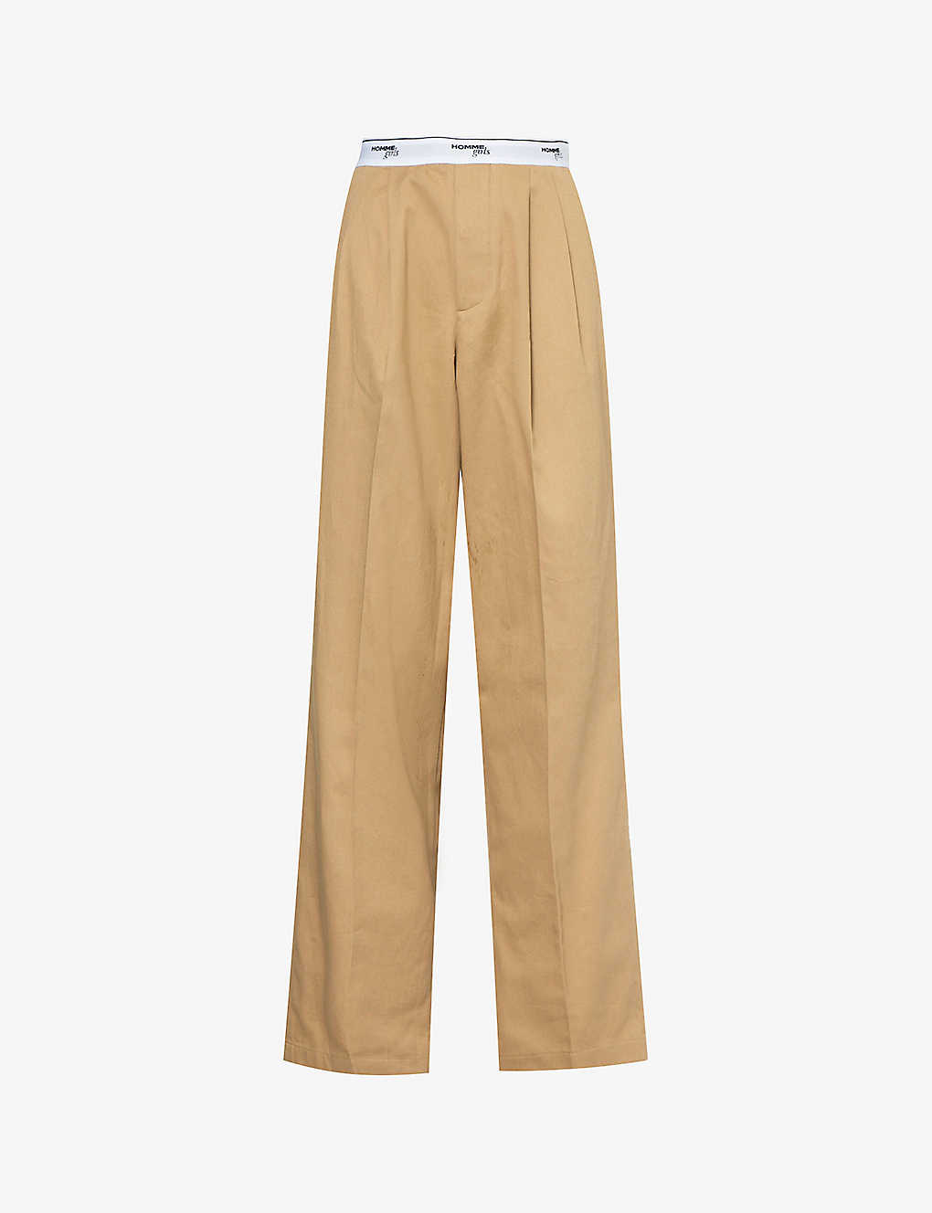 Shop Hommegirls Branded-waistband Wide-leg High-rise Cotton Trousers In Khaki