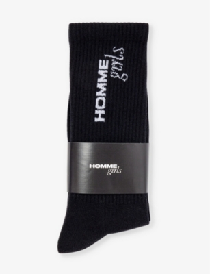 Hommegirls Womens Black Brand-print Ribbed-trim Cotton-blend Socks