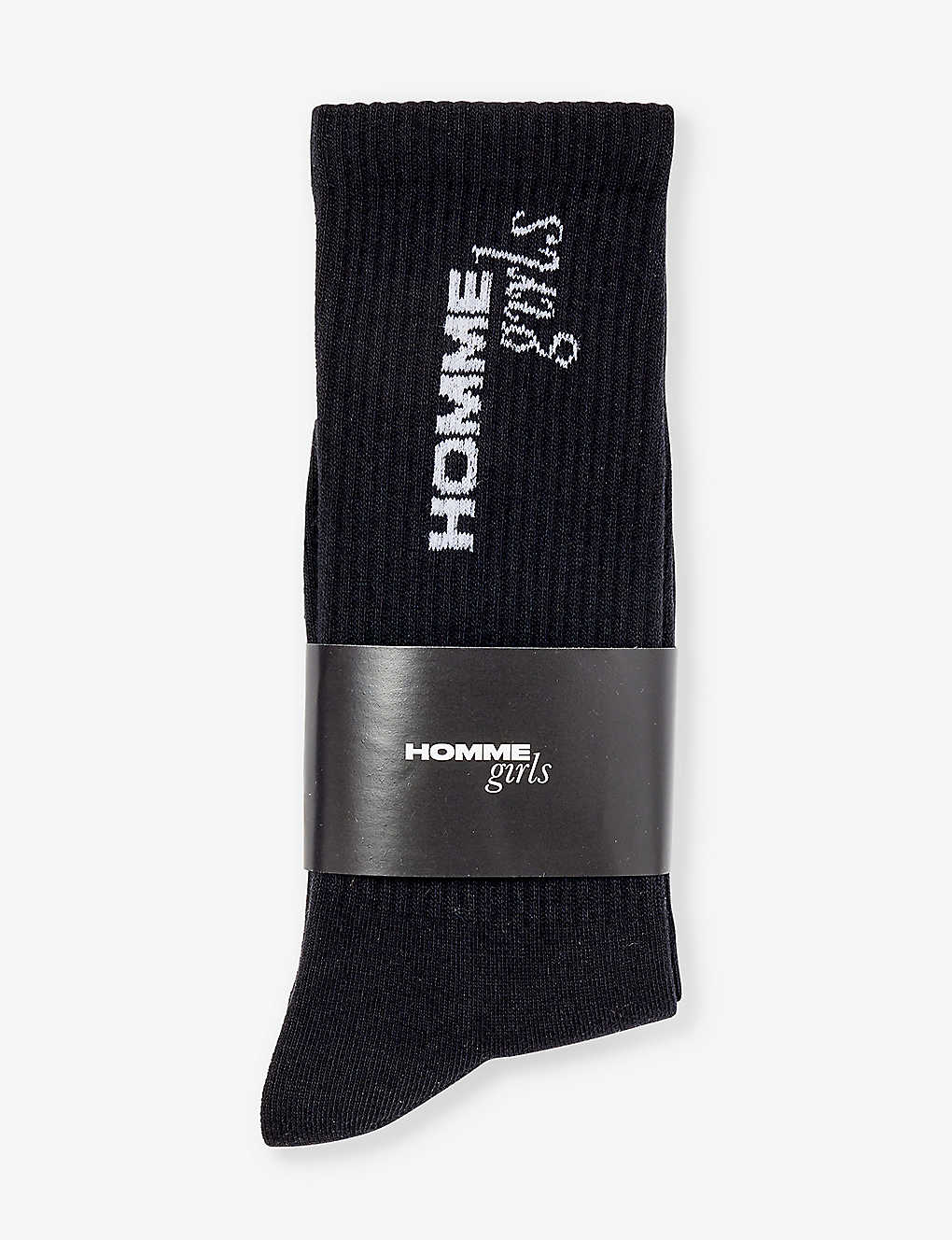 Hommegirls Womens Black Brand-print Ribbed-trim Cotton-blend Socks