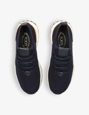 Shop Tod's Tods Men's Navy Run 63k Calzino Panelled Knitted And Leather Mid-top Trainers