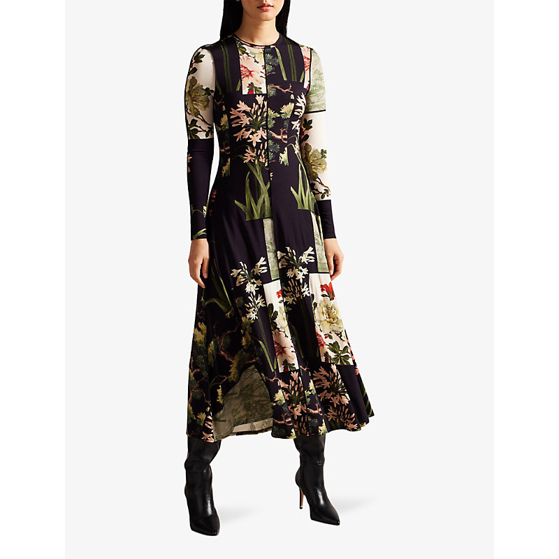 Shop Ted Baker Women's Black Gretiaa Floral-print Long-sleeve Stretch-woven Midi Dress