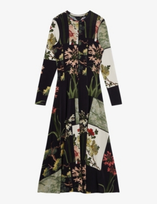 TED BAKER TED BAKER WOMEN'S BLACK GRETIAA FLORAL-PRINT LONG-SLEEVE STRETCH-WOVEN MIDI DRESS