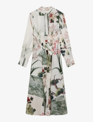 Ted Baker London Tayla Floral Print Stand Collar Long Sleeve Midi