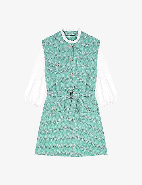 MAJE: Contrast-sleeve belted-waist tweed cotton mini dress