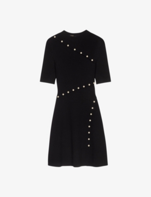Maje Womens Noir / Gris Button-embellished Asymmetric-hem Stretch-knit Mini Dress