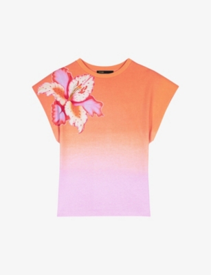 Shop Maje Women's Jaunes / Oranges Floral-motif Tie-dye Cotton T-shirt