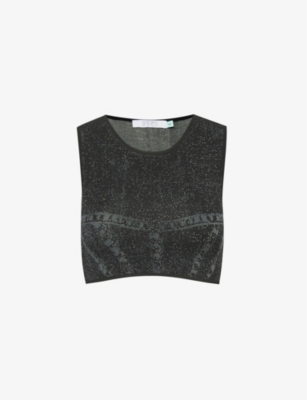 Ph5 Womens Black Green Lillian Cropped Recycled Viscose And Rayon-blend Knitted Top In Black Green