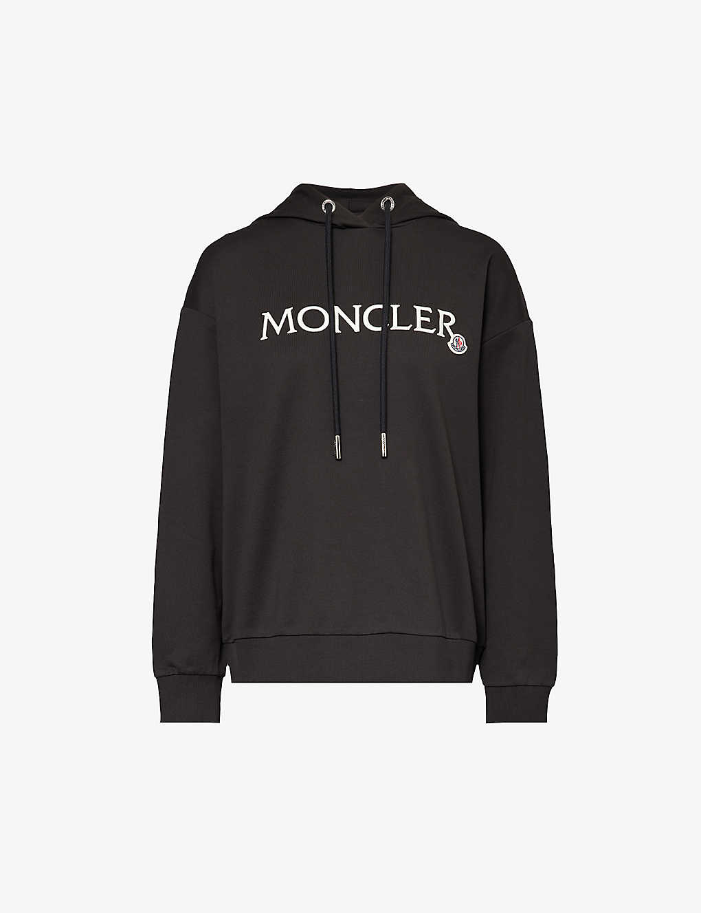 Shop Moncler Logo-embroidered Ribbed-trim Cotton Hoody In Black