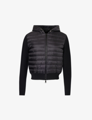 MONCLER: Drawstring-hood quilted-panel wool cardigan