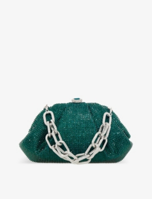 Shop Judith Leiber Gemma Crystal-embellished Satin Clutch Bag In Silver Emerald