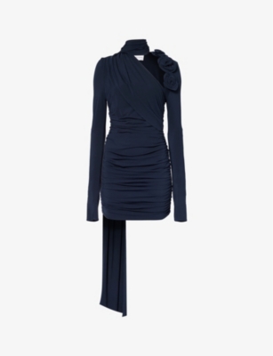 Shop Magda Butrym Women's Black Floral-appliqué Ruched Stretch-woven Mini Dress