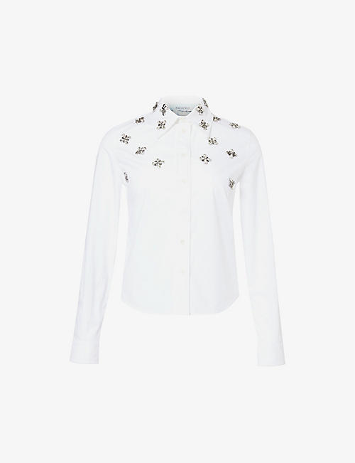 RABANNE: Haut floral-embellished regular-fit cotton-poplin shirt
