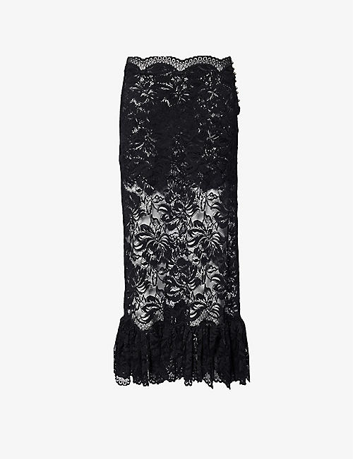 RABANNE: Jupe floral-embroidered stretch-lace midi skirt