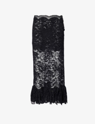 Shop Rabanne Women's Black Jupe Floral-embroidered Stretch-lace Midi Skirt