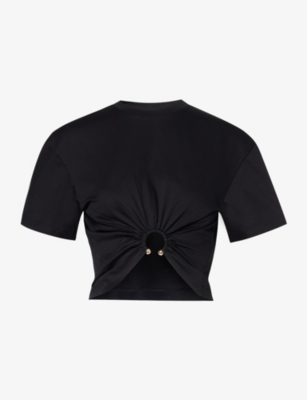 Rabanne Womens Black Ring-embellished Cropped Cotton-jersey T-shirt In Black