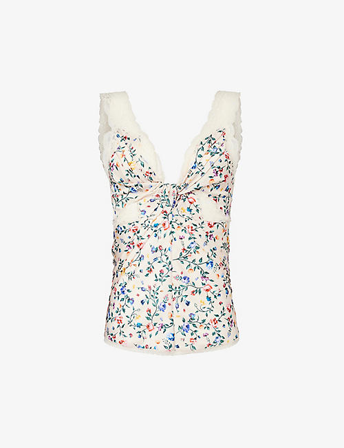 RABANNE: Floral-pattern V-neck recycled-polyester top