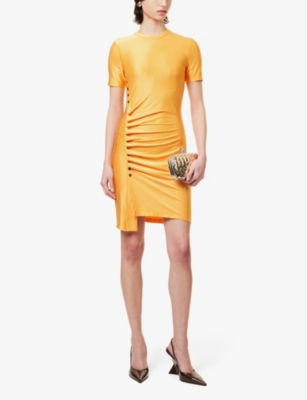 Shop Rabanne Women's Light Orange Round-neck Short-sleeve Stretch-woven Mini Dress