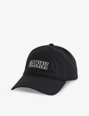 Ganni Womens Black Brand-embroidered Cotton-canvas Cap In Black