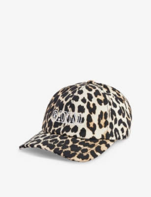 Ganni Logo-embroidered Animal-printorganic-cotton Cap In Leopard