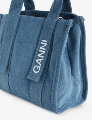Shop Ganni Womens Denim Branded Recycled-cotton Tote Bag