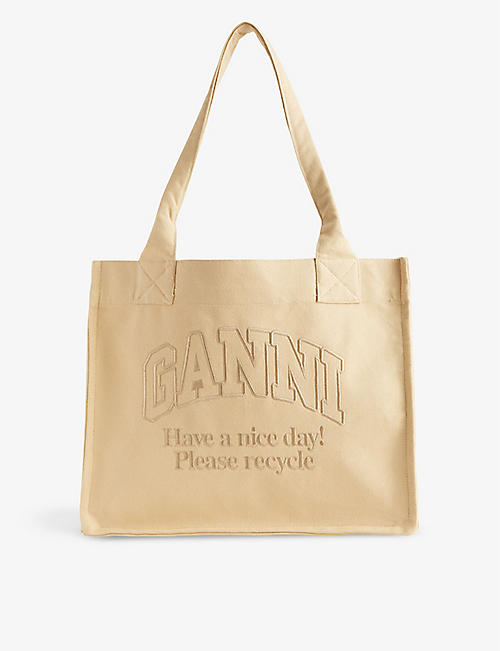 GANNI: Easy Shopper logo-embroidered recycled-cotton tote bag