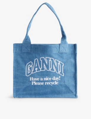 GANNI GANNI WOMEN'S DENIM EASY SHOPPER LOGO-EMBROIDERED ORGANIC-COTTON TOTE BAG