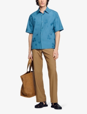 Shop Sandro Men's Bleus Floral-jacquard Relaxed-fit Cotton Shirt