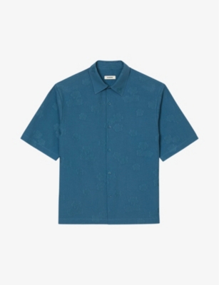 Shop Sandro Men's Bleus Floral-jacquard Relaxed-fit Cotton Shirt