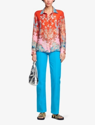 Shop Sandro Women's Bleus Graphic-print Long-sleeve Woven Shirt