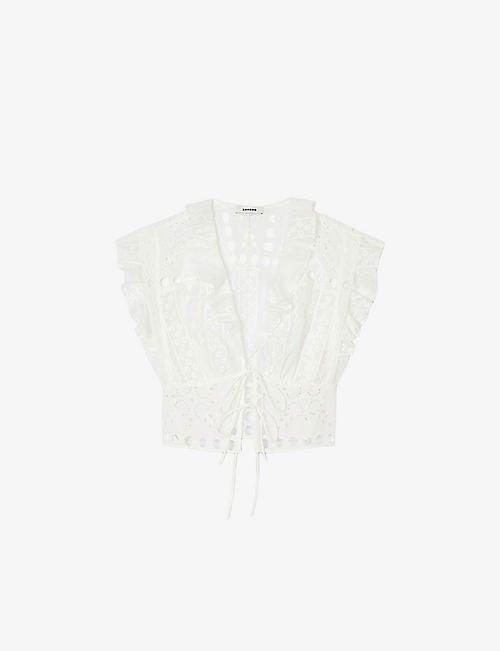 SANDRO: Ruffle-neck embroidered woven crop top