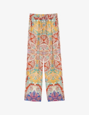 Shop Sandro Womens Bleus Graphic-print Elasticated-waist Woven Trousers