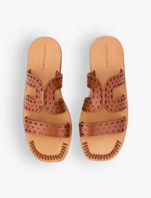 Shop Sandro Women's Jaunes / Oranges Perforated Flat Leather Sandals
